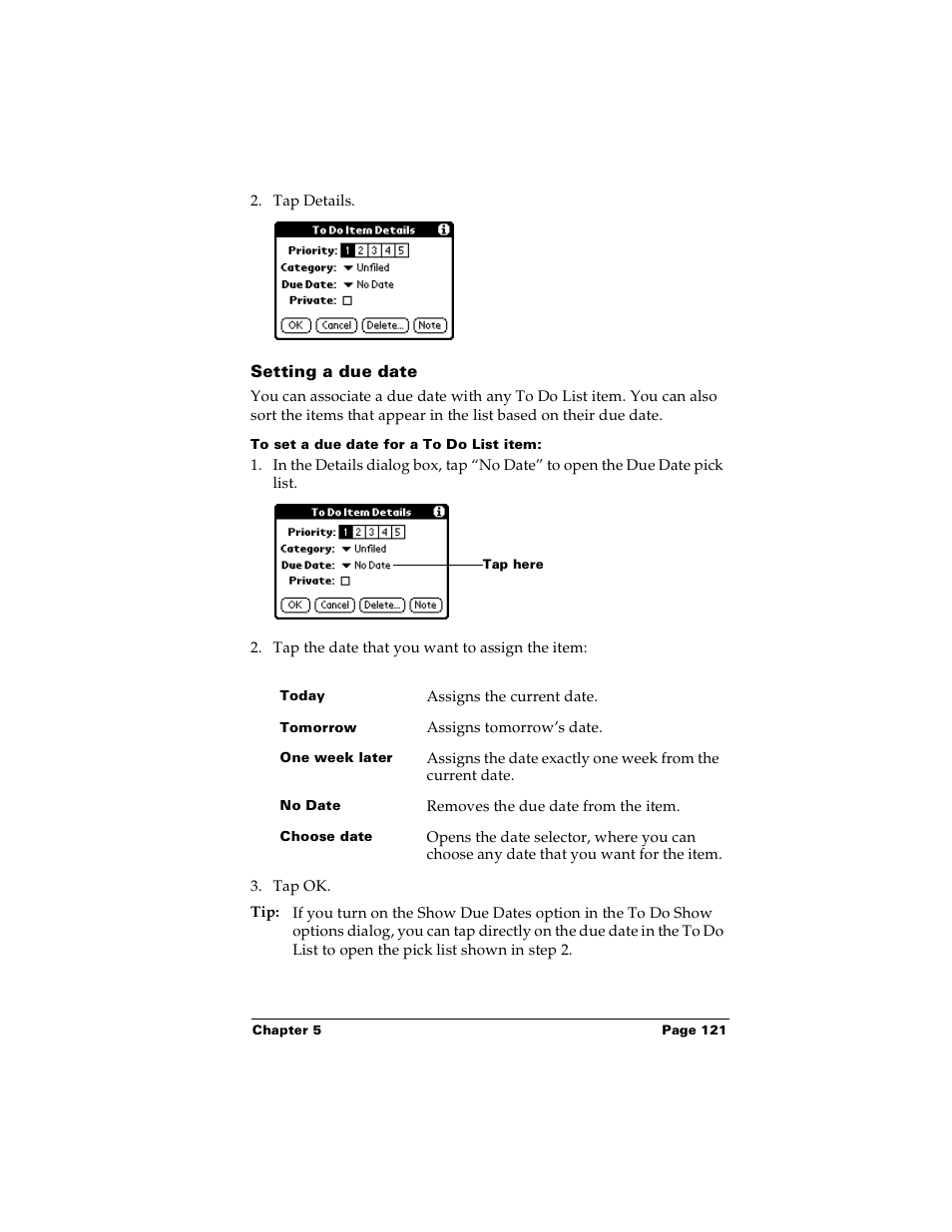 Setting a due date, To set a due date for a to do list item | Palm PalmTM m100 User Manual | Page 129 / 232