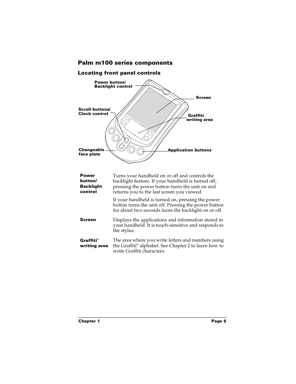 Palm m100 series components, Locating front panel controls | Palm PalmTM m100 User Manual | Page 13 / 232