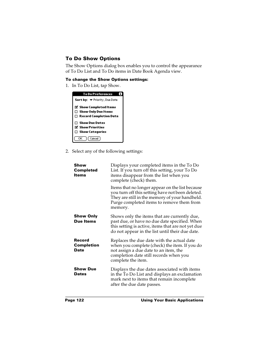 To do show options, To change the show options settings | Palm PalmTM m100 User Manual | Page 130 / 232