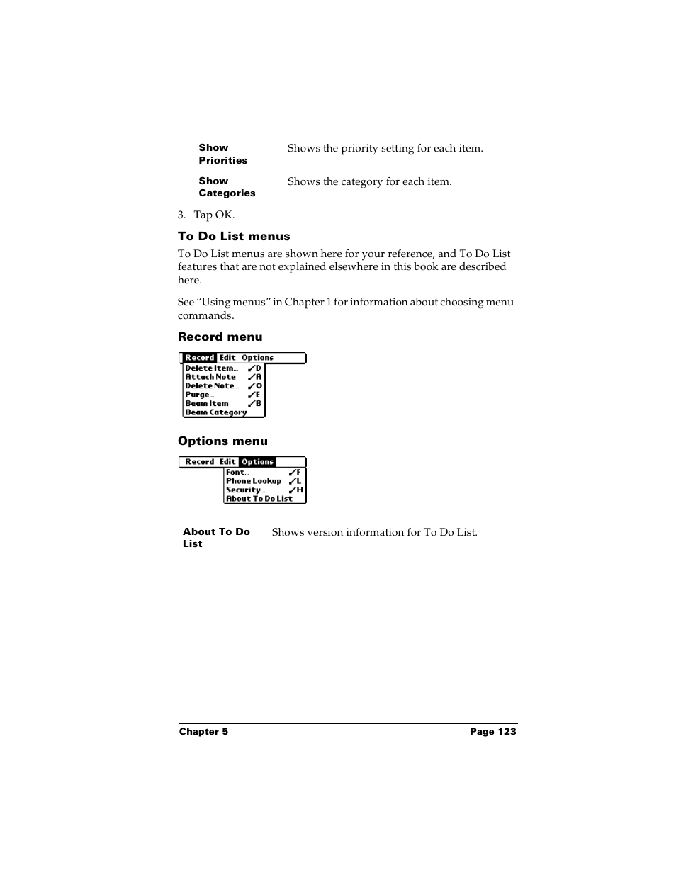 To do list menus, Record menu, Options menu | Palm PalmTM m100 User Manual | Page 131 / 232
