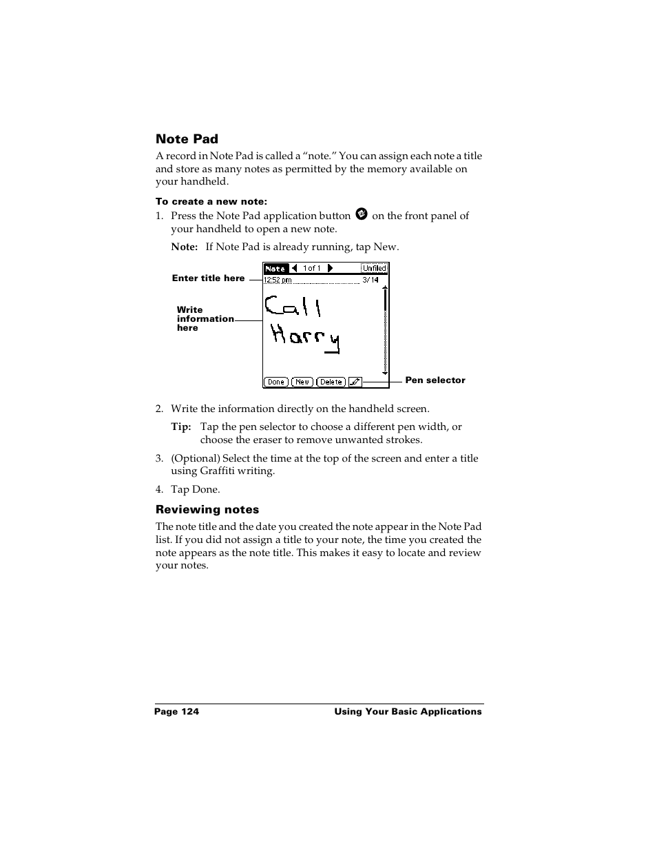 Note pad, To create a new note, Reviewing notes | Palm PalmTM m100 User Manual | Page 132 / 232