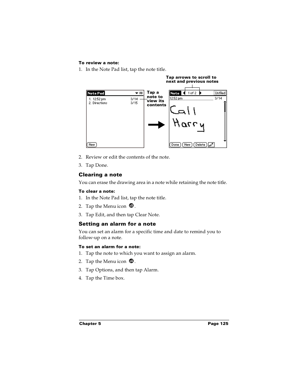To review a note, Clearing a note, To clear a note | Setting an alarm for a note, To set an alarm for a note | Palm PalmTM m100 User Manual | Page 133 / 232