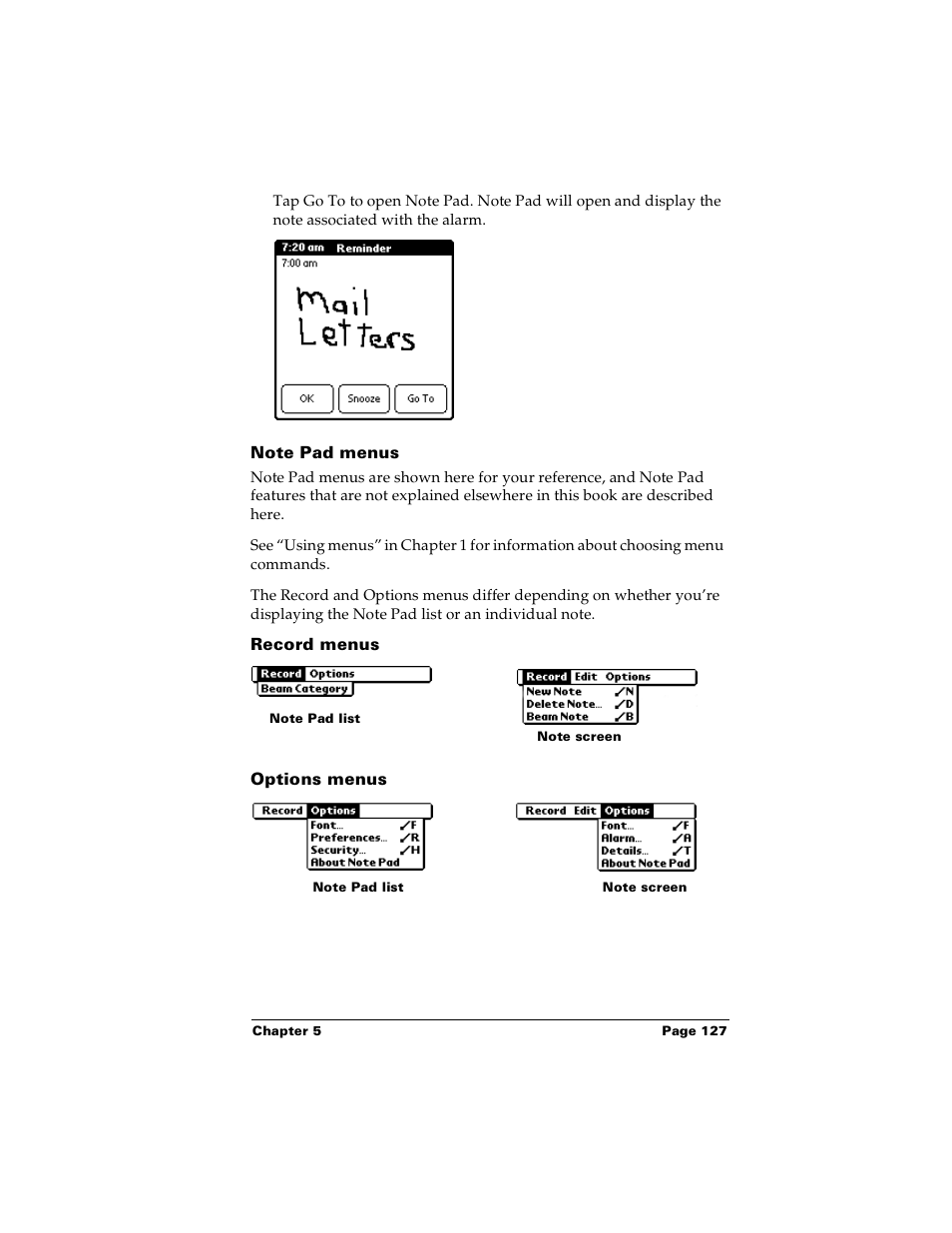 Note pad menus, Record menus, Options menus | Palm PalmTM m100 User Manual | Page 135 / 232