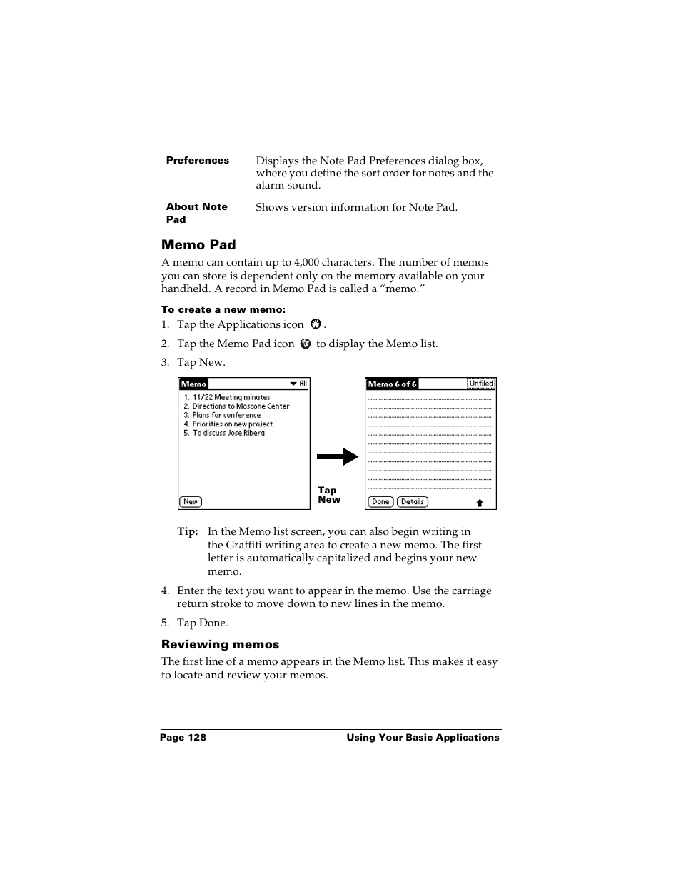 Memo pad, To create a new memo, Reviewing memos | Palm PalmTM m100 User Manual | Page 136 / 232