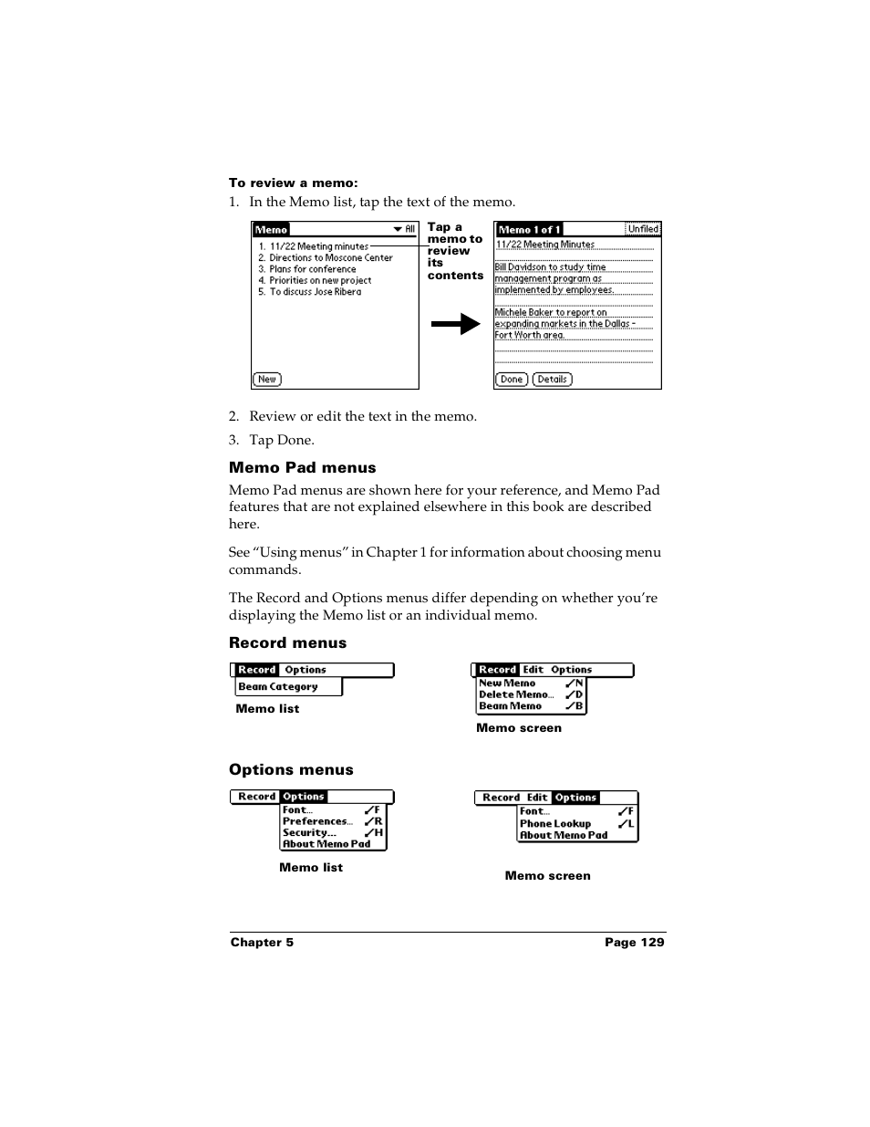 To review a memo, Memo pad menus, Record menus | Options menus | Palm PalmTM m100 User Manual | Page 137 / 232