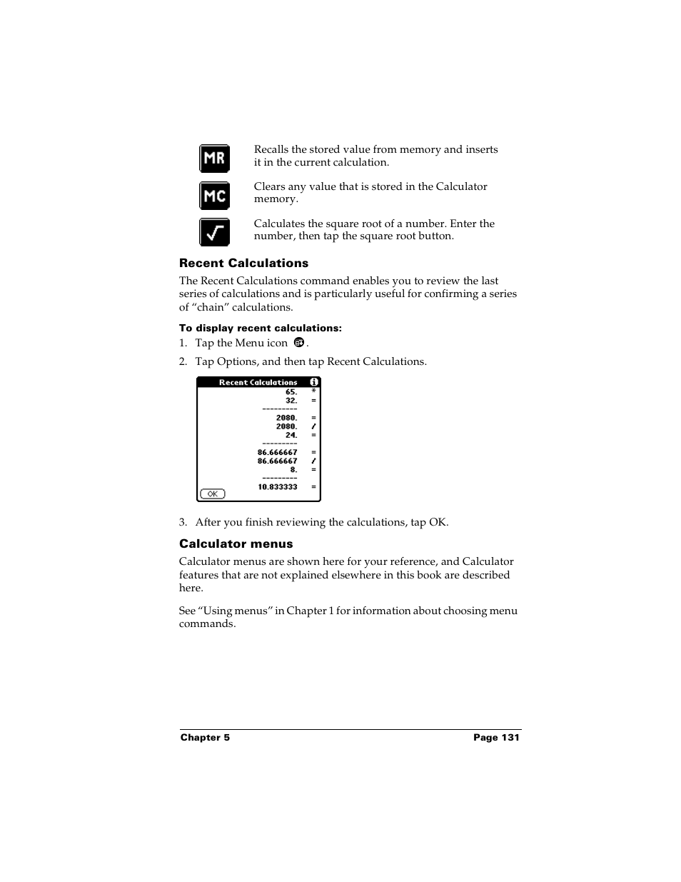 Recent calculations, To display recent calculations, Calculator menus | Palm PalmTM m100 User Manual | Page 139 / 232