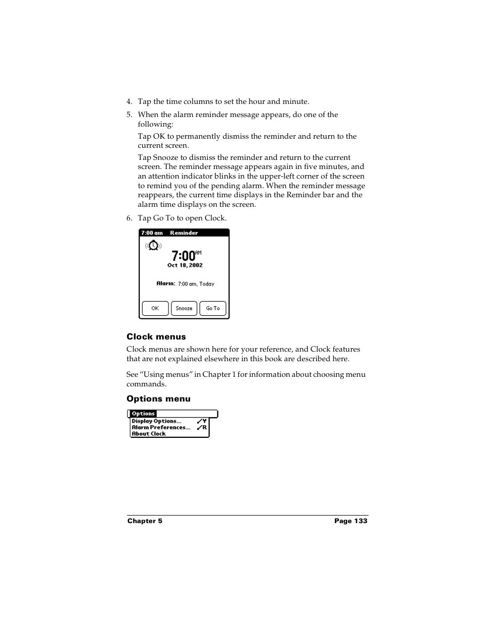 Clock menus, Options menu | Palm PalmTM m100 User Manual | Page 141 / 232