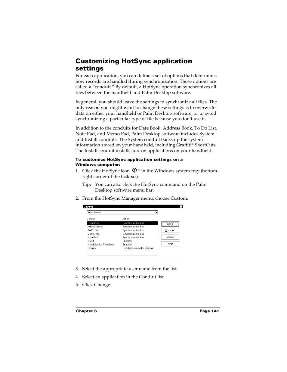 Customizing hotsync application settings | Palm PalmTM m100 User Manual | Page 149 / 232