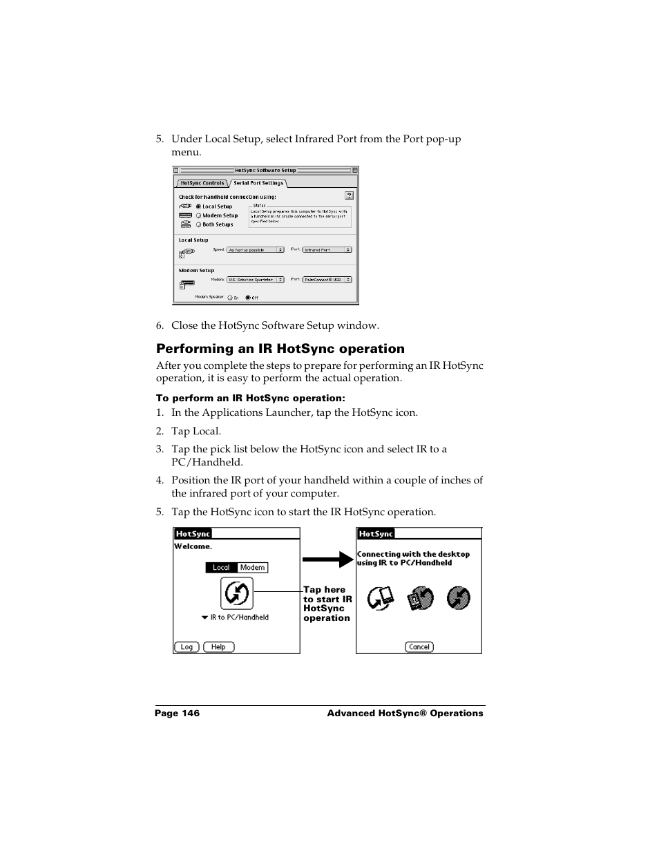 Performing an ir hotsync operation, To perform an ir hotsync operation | Palm PalmTM m100 User Manual | Page 154 / 232