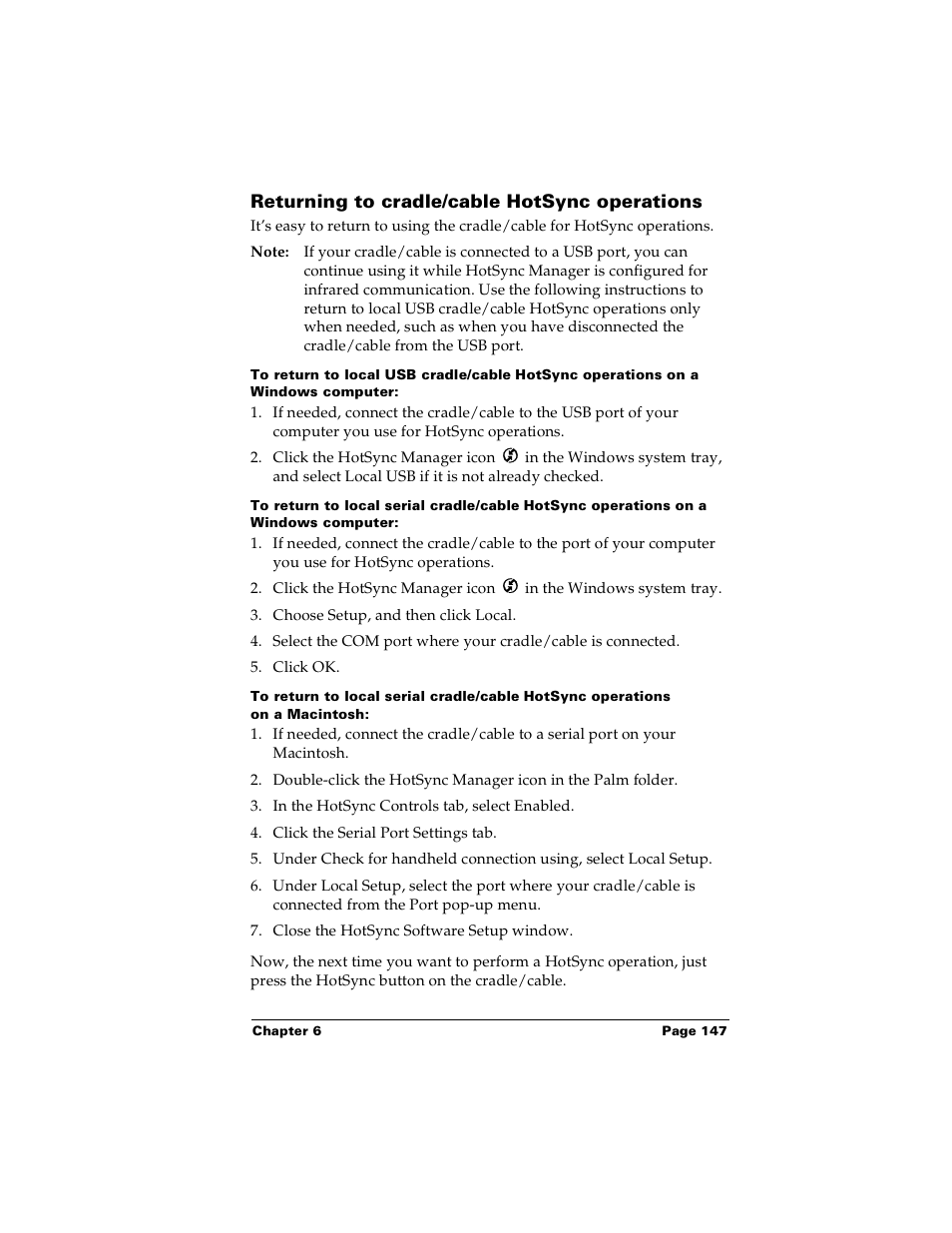 Returning to cradle/cable hotsync operations | Palm PalmTM m100 User Manual | Page 155 / 232