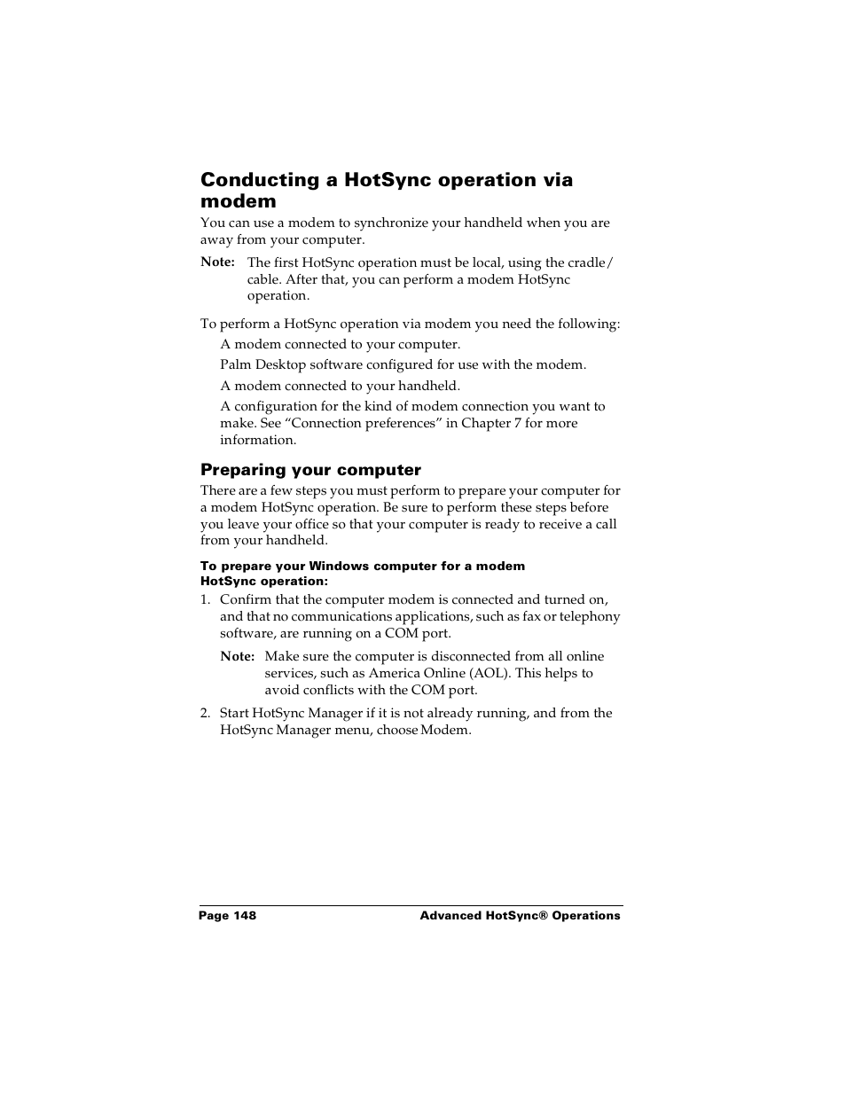 Conducting a hotsync operation via modem, Preparing your computer | Palm PalmTM m100 User Manual | Page 156 / 232