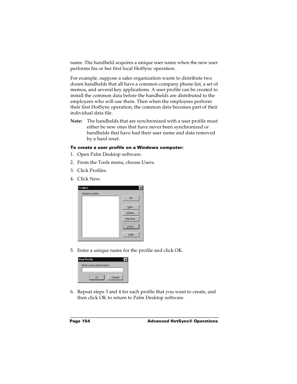 To create a user profile on a windows computer | Palm PalmTM m100 User Manual | Page 162 / 232