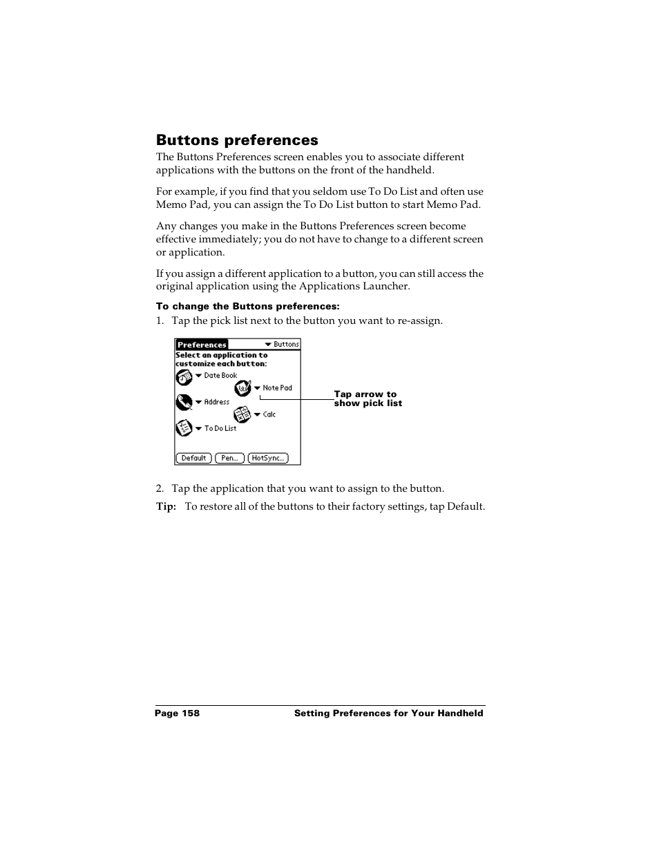 Buttons preferences, To change the buttons preferences | Palm PalmTM m100 User Manual | Page 166 / 232