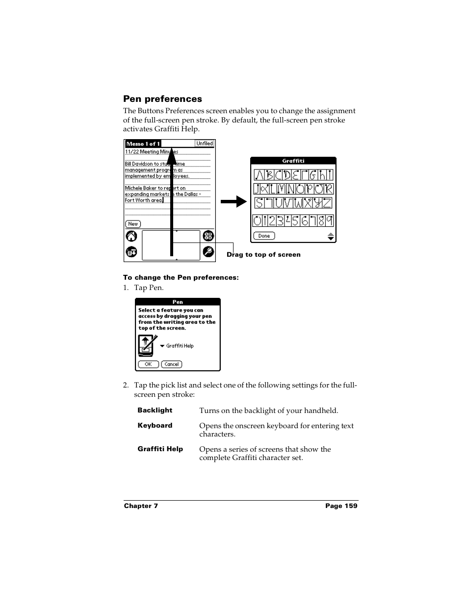 Pen preferences, To change the pen preferences | Palm PalmTM m100 User Manual | Page 167 / 232
