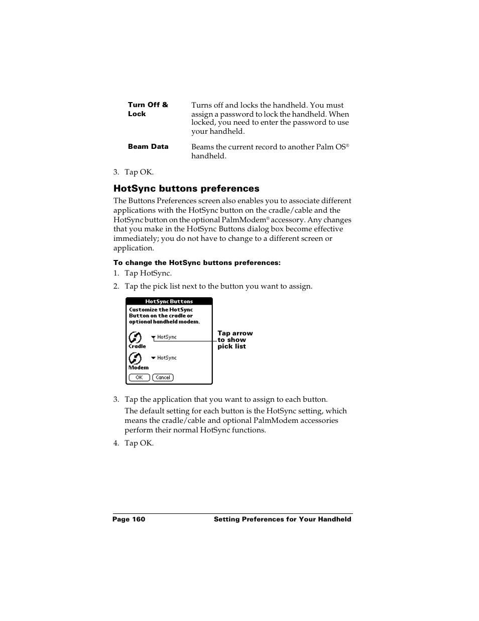 Hotsync buttons preferences, To change the hotsync buttons preferences | Palm PalmTM m100 User Manual | Page 168 / 232