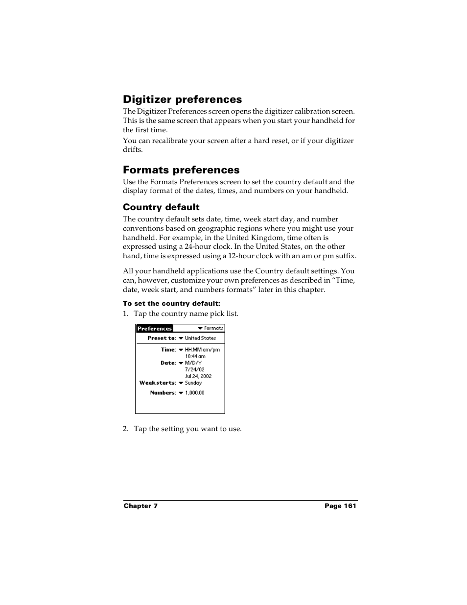 Digitizer preferences, Formats preferences, Country default | To set the country default, Digitizer preferences formats preferences | Palm PalmTM m100 User Manual | Page 169 / 232