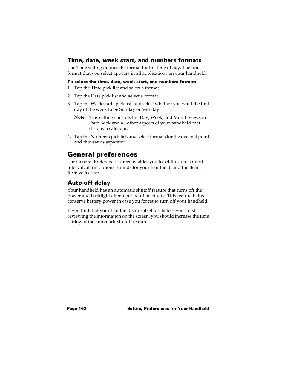 Time, date, week start, and numbers formats, General preferences, Auto-off delay | Palm PalmTM m100 User Manual | Page 170 / 232