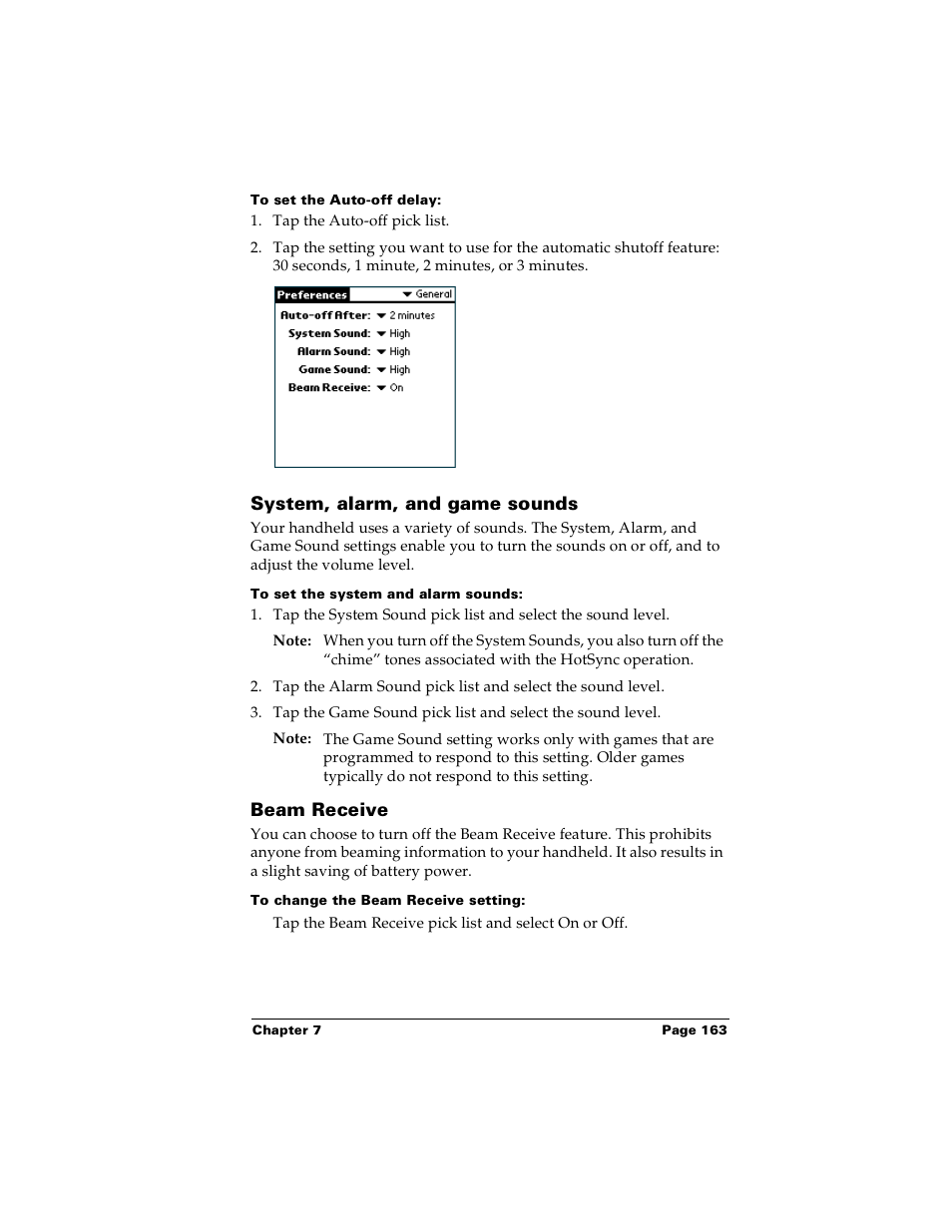 To set the auto-off delay, System, alarm, and game sounds, To set the system and alarm sounds | Beam receive, To change the beam receive setting, System, alarm, and game sounds beam receive | Palm PalmTM m100 User Manual | Page 171 / 232