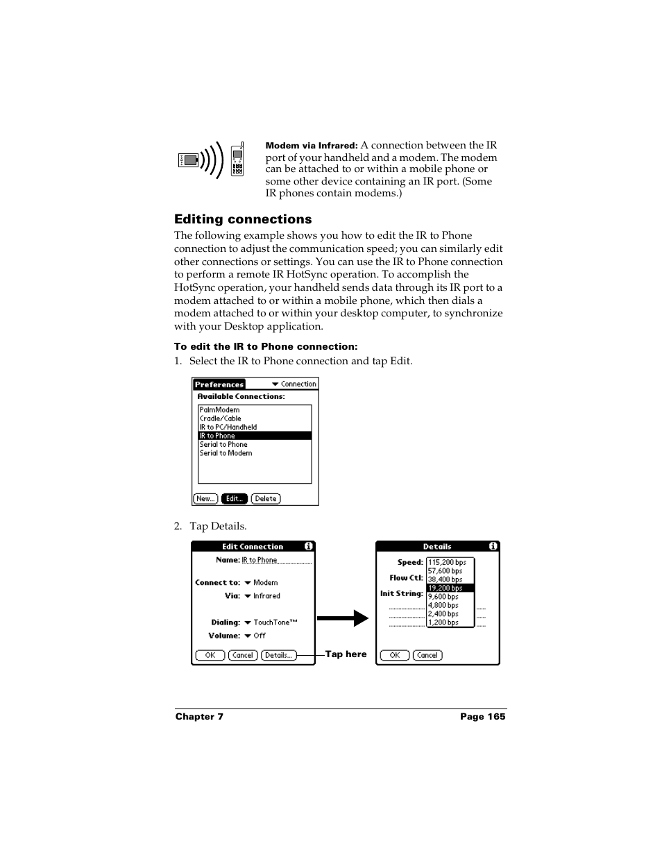 Editing connections, To edit the ir to phone connection | Palm PalmTM m100 User Manual | Page 173 / 232