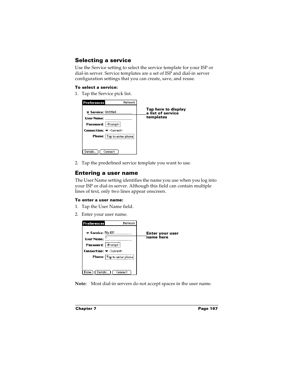 Selecting a service, To select a service, Entering a user name | To enter a user name, Selecting a service entering a user name | Palm PalmTM m100 User Manual | Page 175 / 232