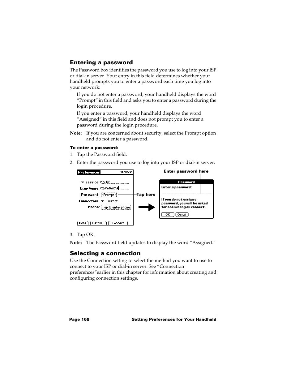 Entering a password, To enter a password, Selecting a connection | Entering a password selecting a connection | Palm PalmTM m100 User Manual | Page 176 / 232