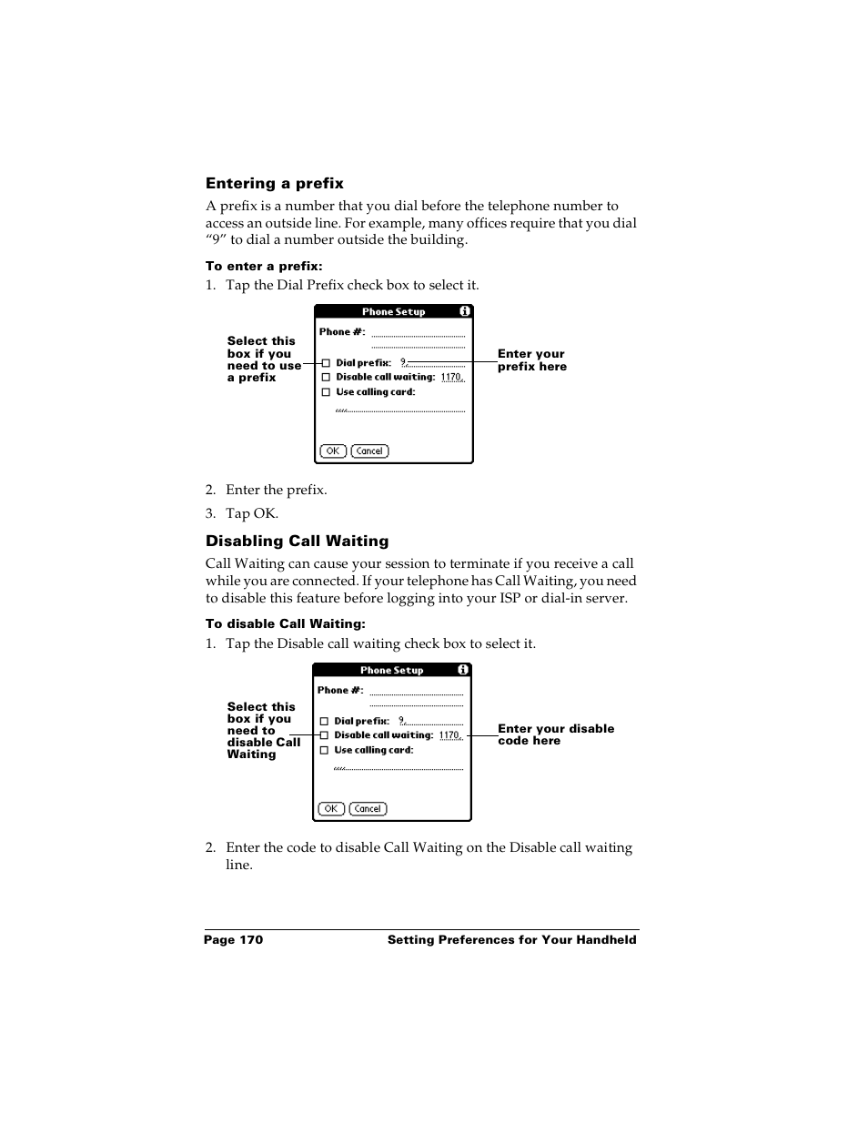 Entering a prefix, To enter a prefix, Disabling call waiting | To disable call waiting | Palm PalmTM m100 User Manual | Page 178 / 232