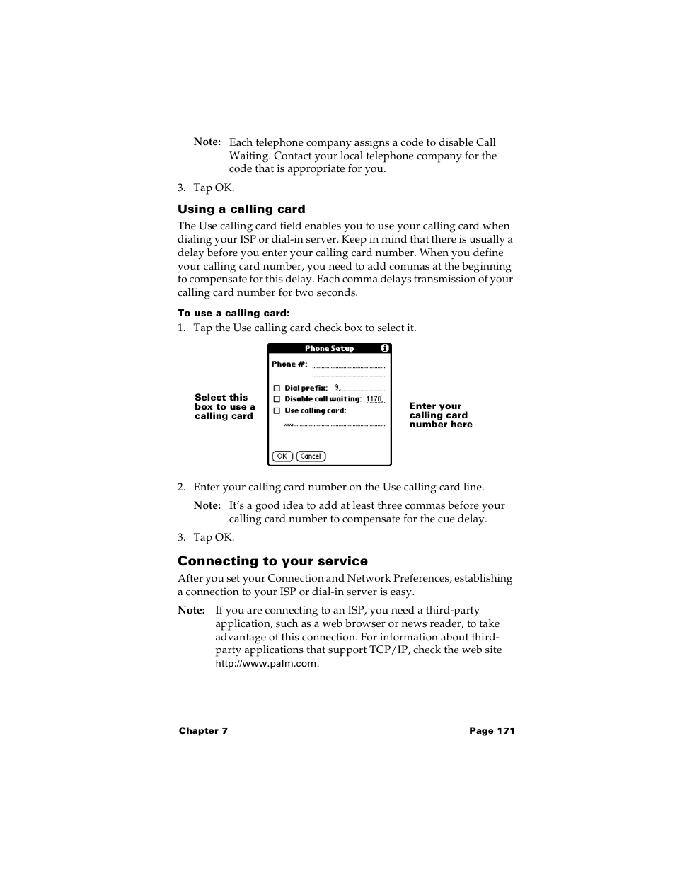 Using a calling card, To use a calling card, Connecting to your service | Palm PalmTM m100 User Manual | Page 179 / 232