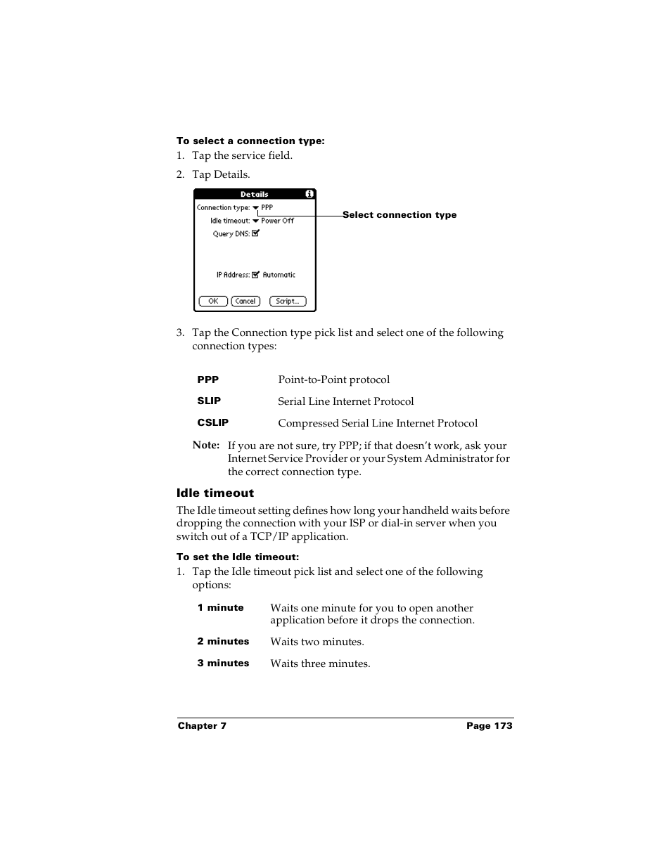 To select a connection type, Idle timeout, To set the idle timeout | Palm PalmTM m100 User Manual | Page 181 / 232