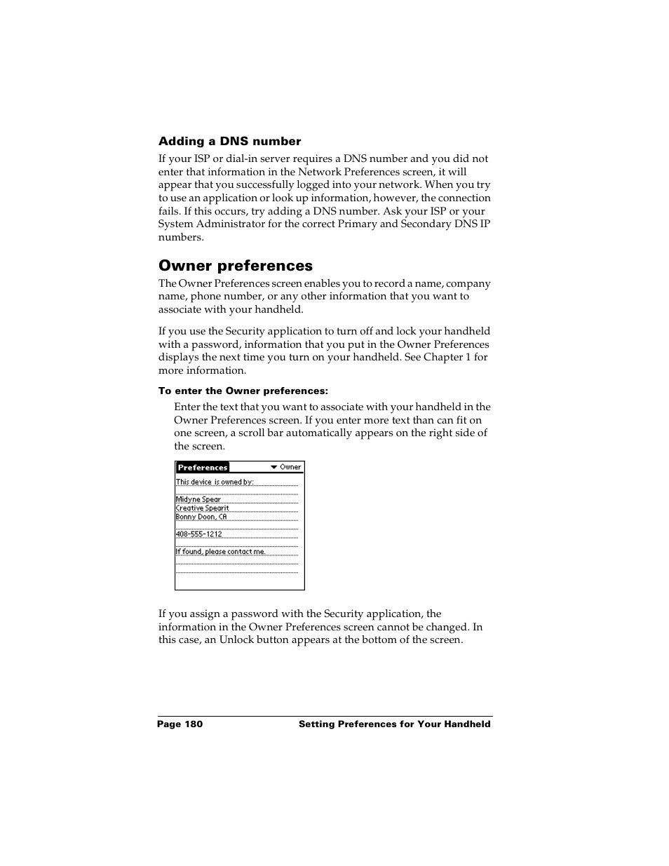 Adding a dns number, Owner preferences, To enter the owner preferences | Palm PalmTM m100 User Manual | Page 188 / 232
