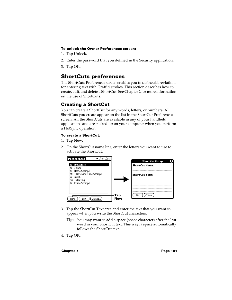 To unlock the owner preferences screen, Shortcuts preferences, Creating a shortcut | To create a shortcut | Palm PalmTM m100 User Manual | Page 189 / 232