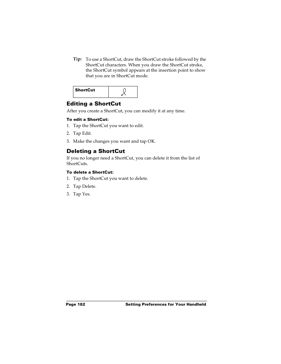 Editing a shortcut, To edit a shortcut, Deleting a shortcut | To delete a shortcut, Editing a shortcut deleting a shortcut | Palm PalmTM m100 User Manual | Page 190 / 232