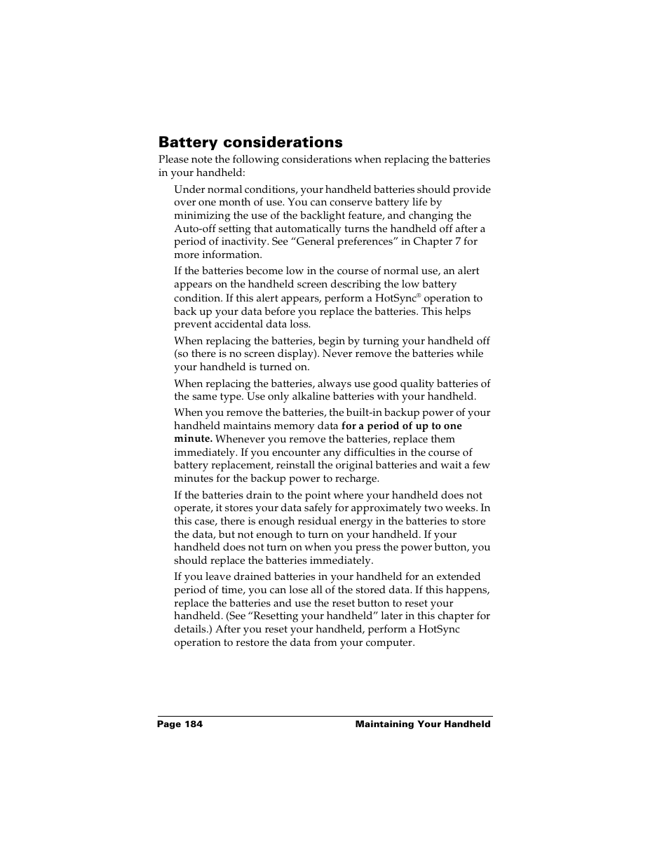 Battery considerations | Palm PalmTM m100 User Manual | Page 192 / 232