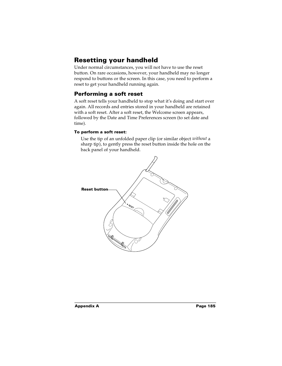 Resetting your handheld, Performing a soft reset, To perform a soft reset | Palm PalmTM m100 User Manual | Page 193 / 232