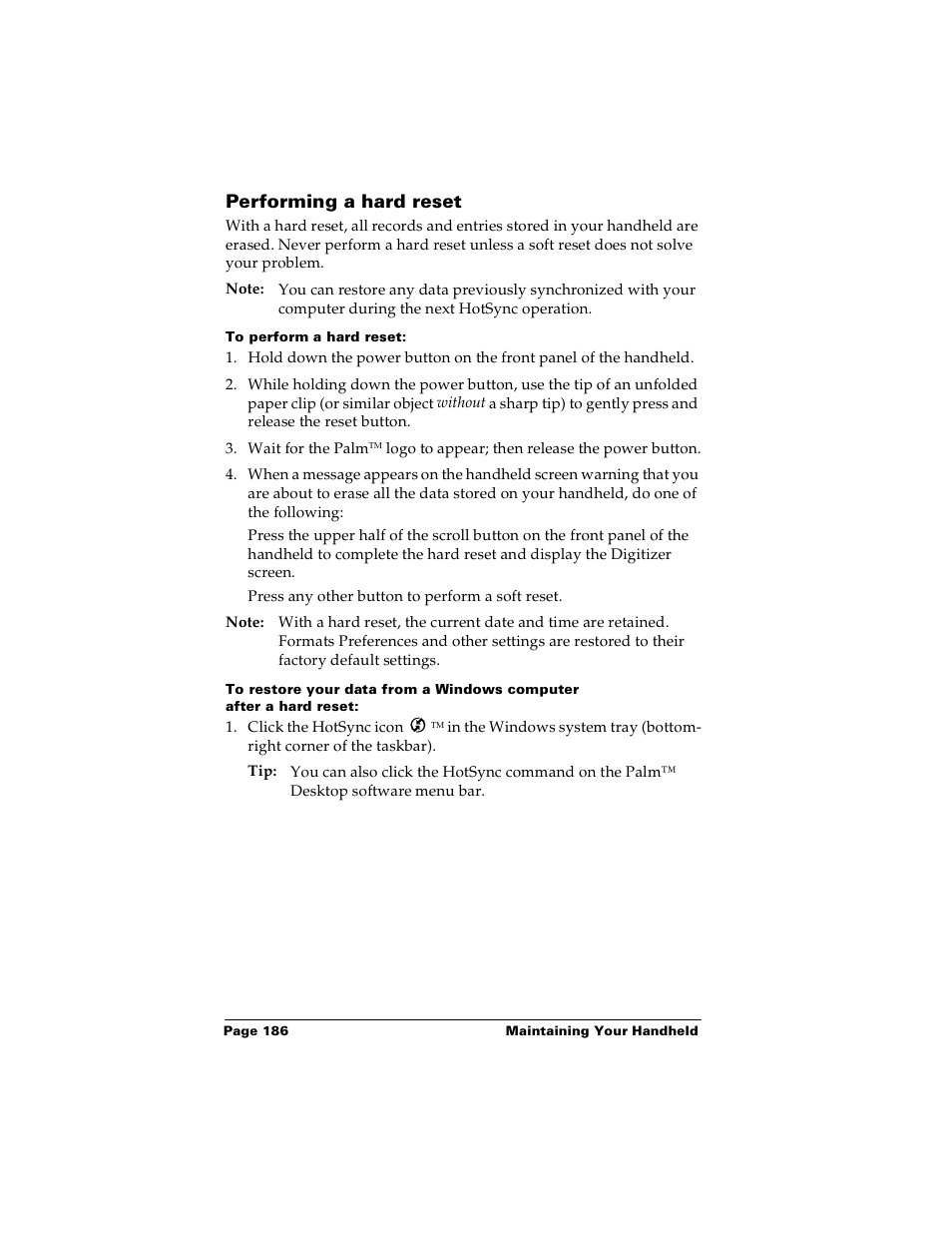 Performing a hard reset, To perform a hard reset | Palm PalmTM m100 User Manual | Page 194 / 232
