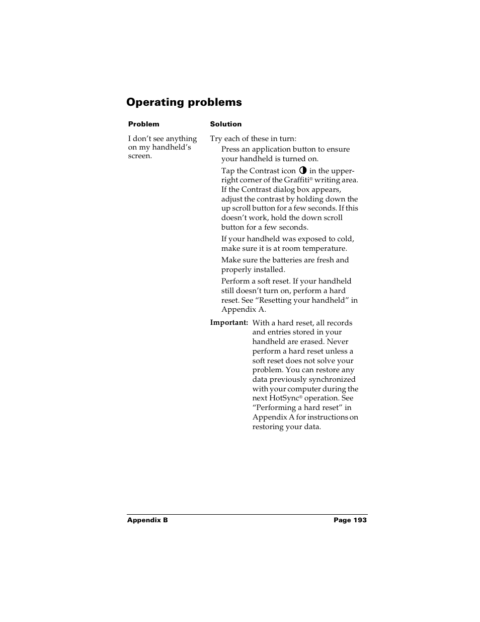 Operating problems | Palm PalmTM m100 User Manual | Page 201 / 232
