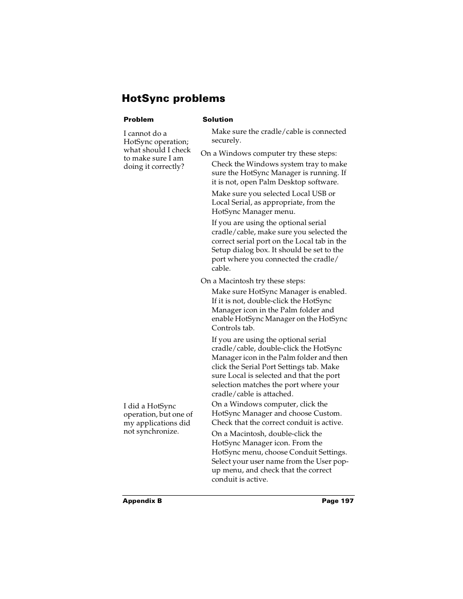 Hotsync problems | Palm PalmTM m100 User Manual | Page 205 / 232
