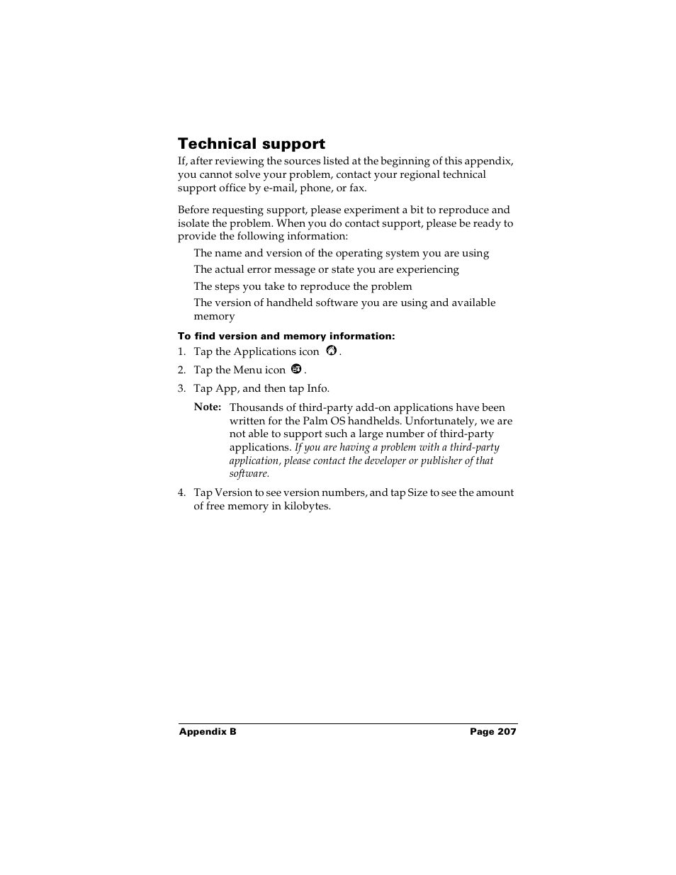 Technical support, To find version and memory information | Palm PalmTM m100 User Manual | Page 215 / 232