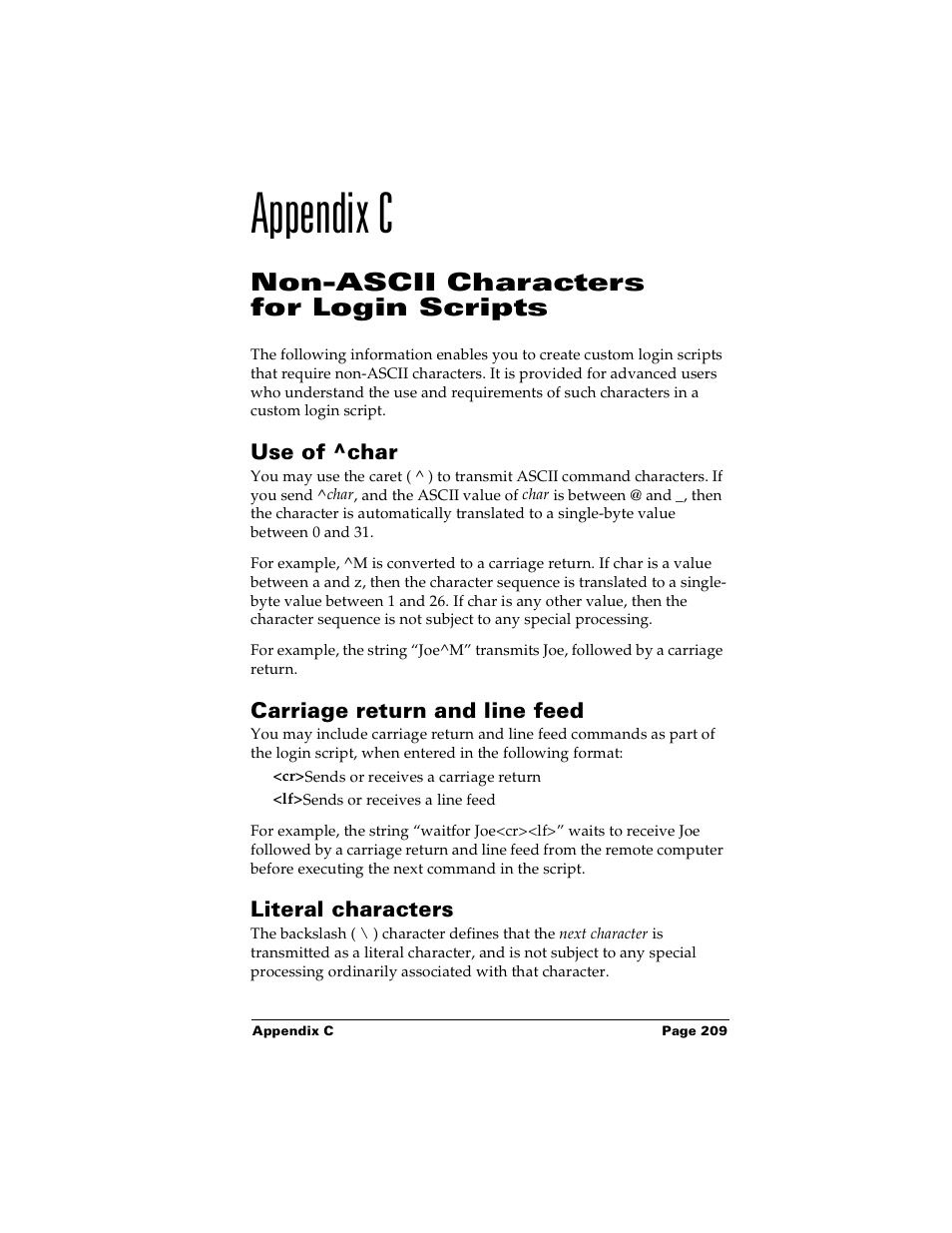 Appendix c: non-ascii characters for login scripts, Use of ^char, Carriage return and line feed | Literal characters, Appendix c, Non-ascii characters for login scripts | Palm PalmTM m100 User Manual | Page 217 / 232