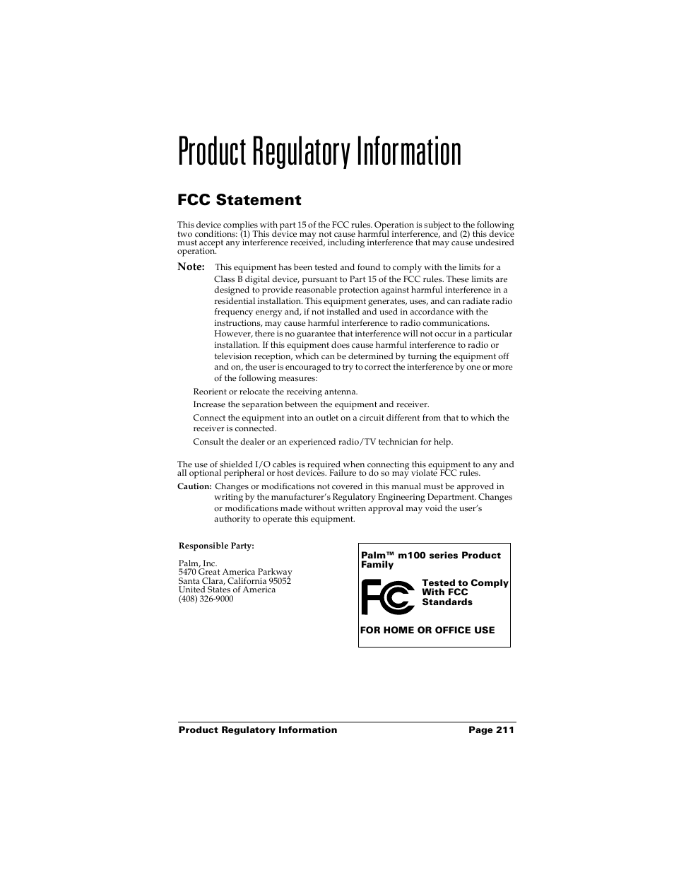 Product regulatory information, Fcc statement | Palm PalmTM m100 User Manual | Page 219 / 232