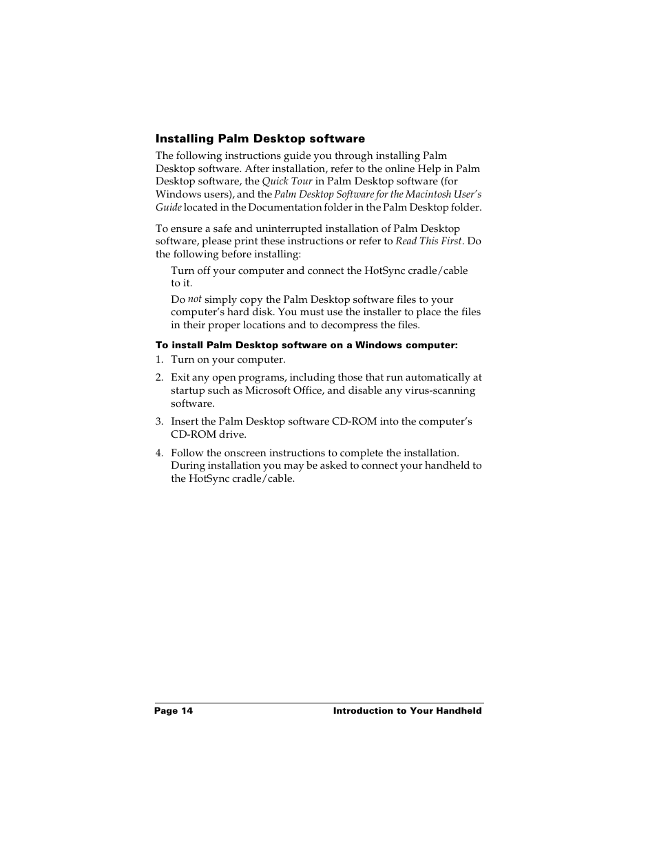 Installing palm desktop software | Palm PalmTM m100 User Manual | Page 22 / 232