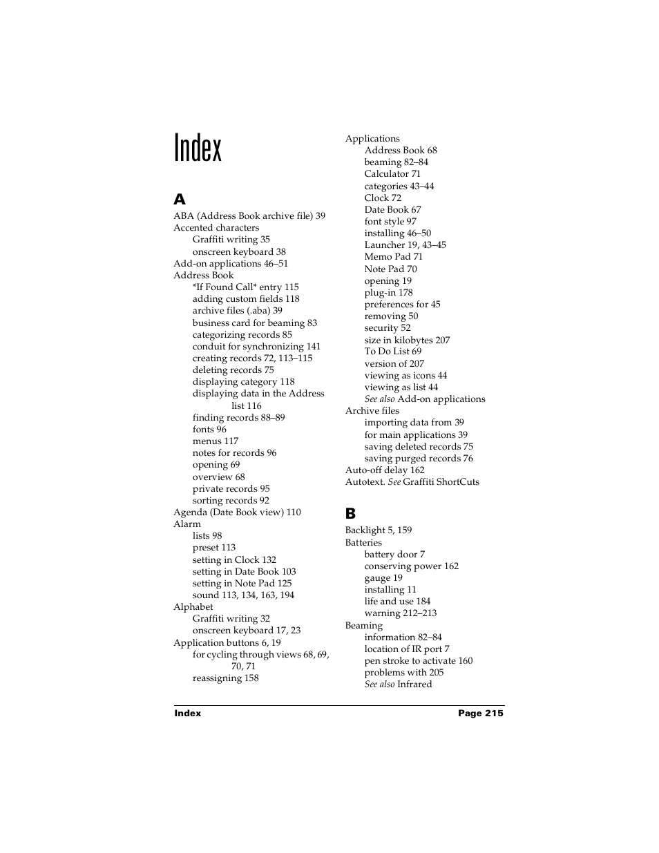 Index | Palm PalmTM m100 User Manual | Page 223 / 232