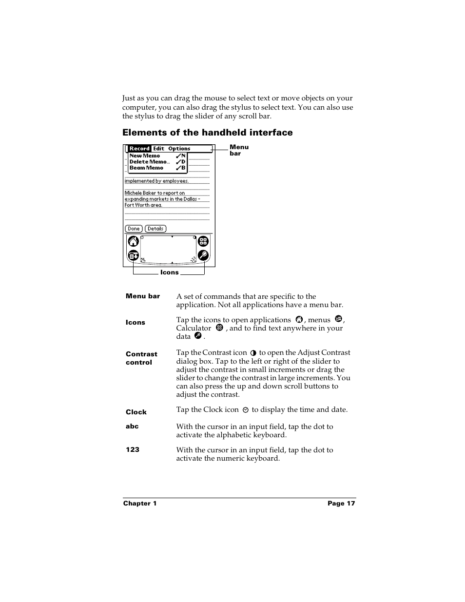 Elements of the handheld interface | Palm PalmTM m100 User Manual | Page 25 / 232