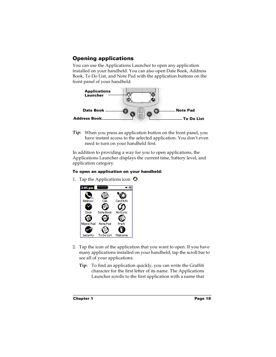 Opening applications, To open an application on your handheld | Palm PalmTM m100 User Manual | Page 27 / 232