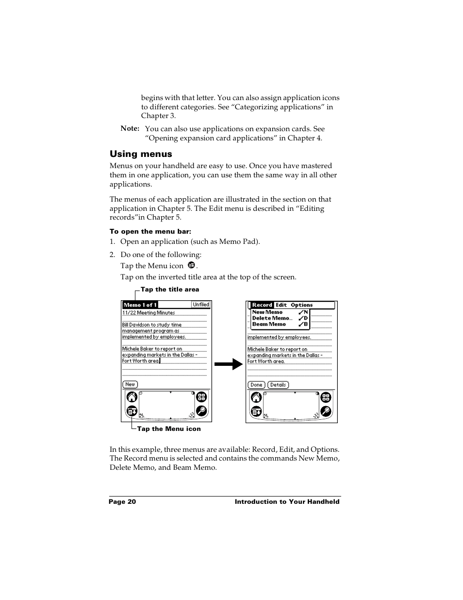 Using menus, To open the menu bar | Palm PalmTM m100 User Manual | Page 28 / 232