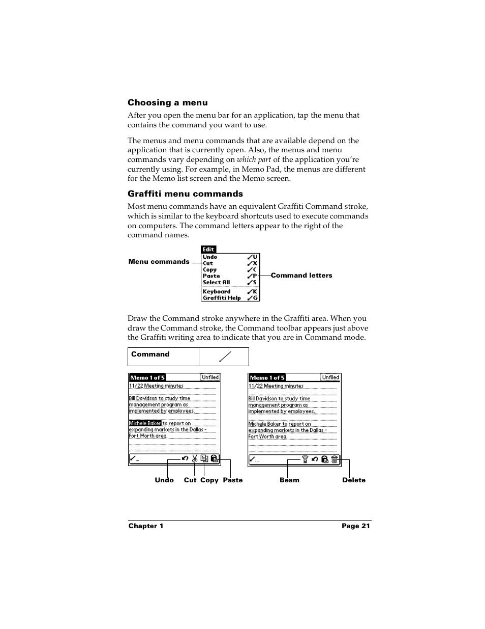 Choosing a menu, Graffiti menu commands | Palm PalmTM m100 User Manual | Page 29 / 232