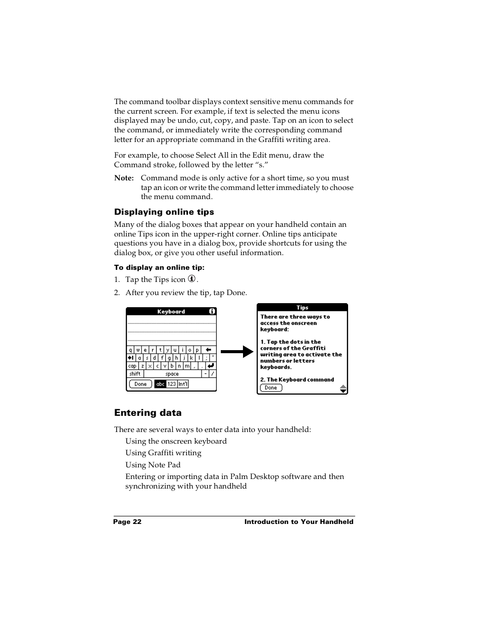 Displaying online tips, To display an online tip, Entering data | Palm PalmTM m100 User Manual | Page 30 / 232