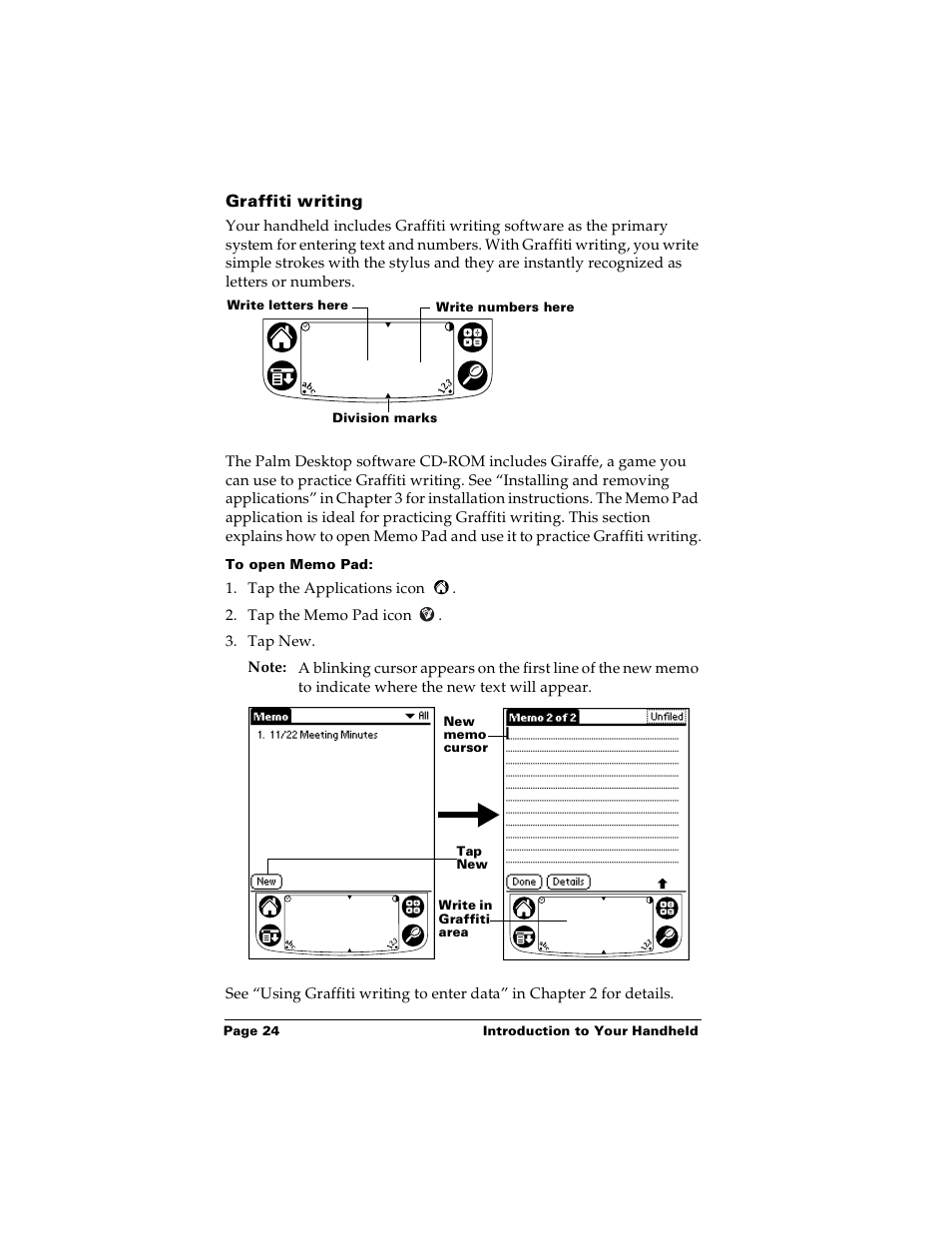 Graffiti writing, To open memo pad | Palm PalmTM m100 User Manual | Page 32 / 232