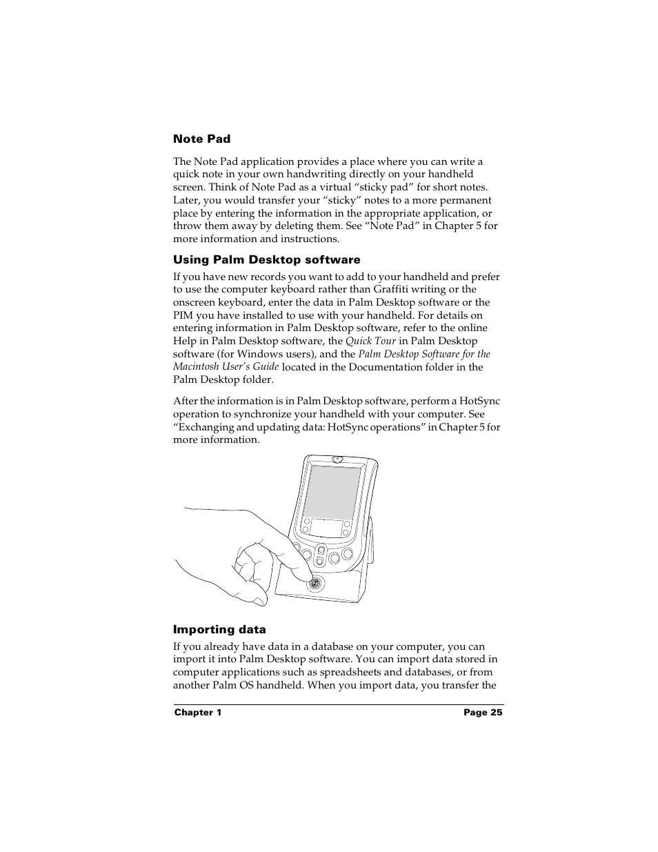 Note pad, Using palm desktop software, Importing data | Palm PalmTM m100 User Manual | Page 33 / 232