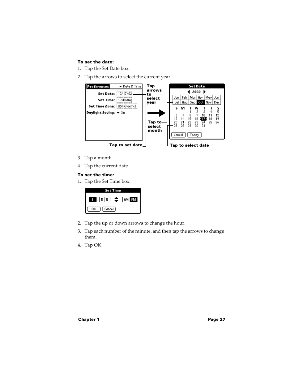 To set the date, To set the time | Palm PalmTM m100 User Manual | Page 35 / 232