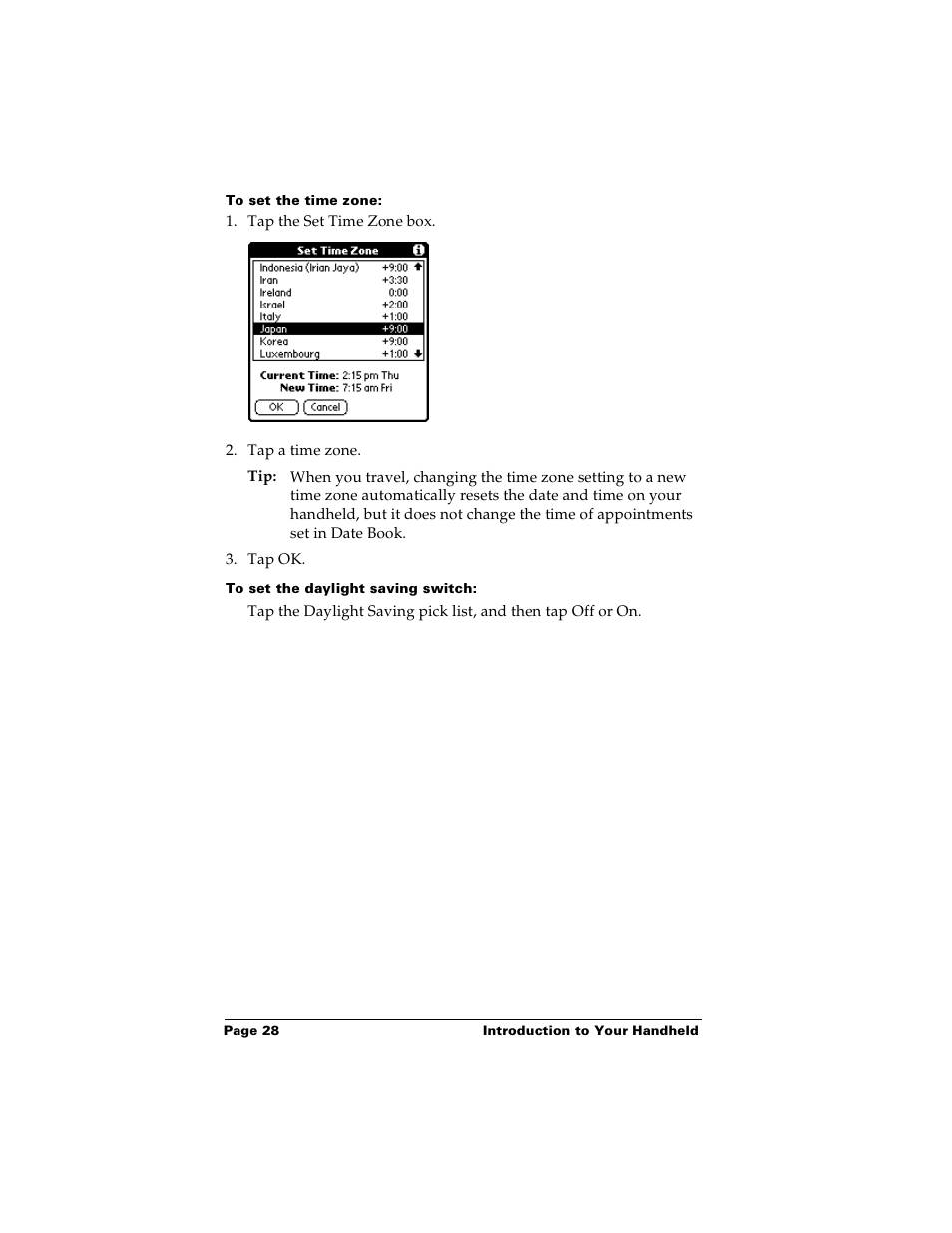 To set the time zone, To set the daylight saving switch | Palm PalmTM m100 User Manual | Page 36 / 232